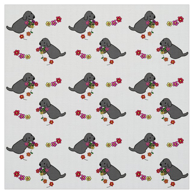 Black Lab Puppy Flower Basket Cartoon Fabric (Swatch)