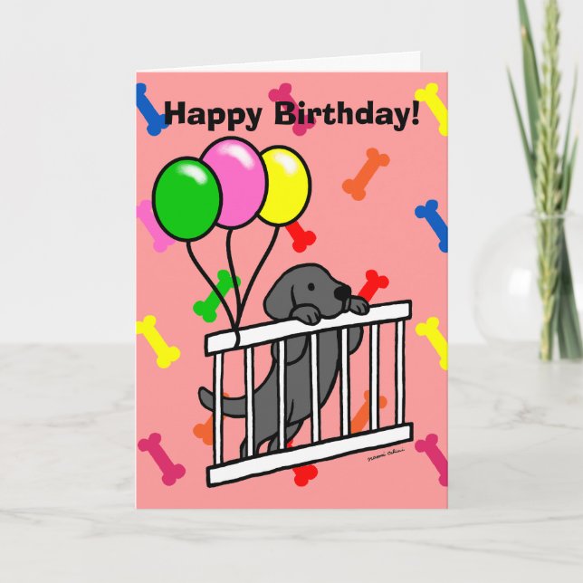 Black Lab Puppy & Puppy Gate 1 Cartoon Birthday Card (Front)