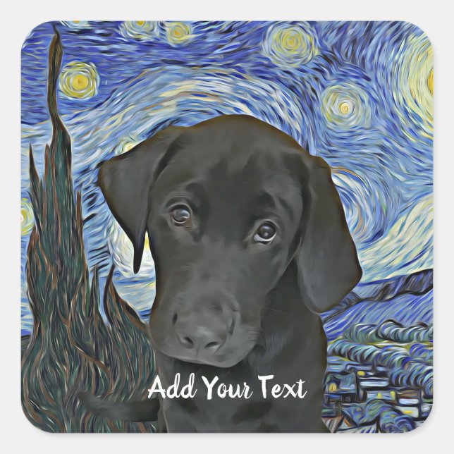 Black Lab Puppy Starry Night Personalised Square Sticker (Front)