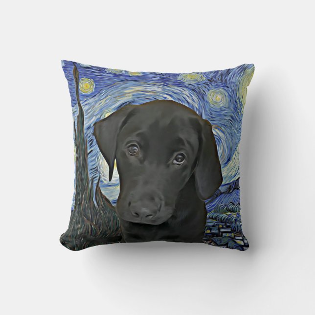 Black Lab Puppy Starry Night Van Gogh Inspired  Cushion (Front)