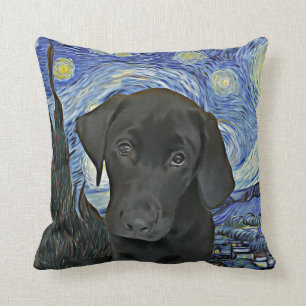 Black Lab Puppy Starry Night Van Gogh Inspired  Cushion