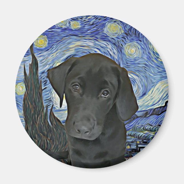 Black Lab Puppy Starry Night Van Gogh Inspired Magnet (Front)