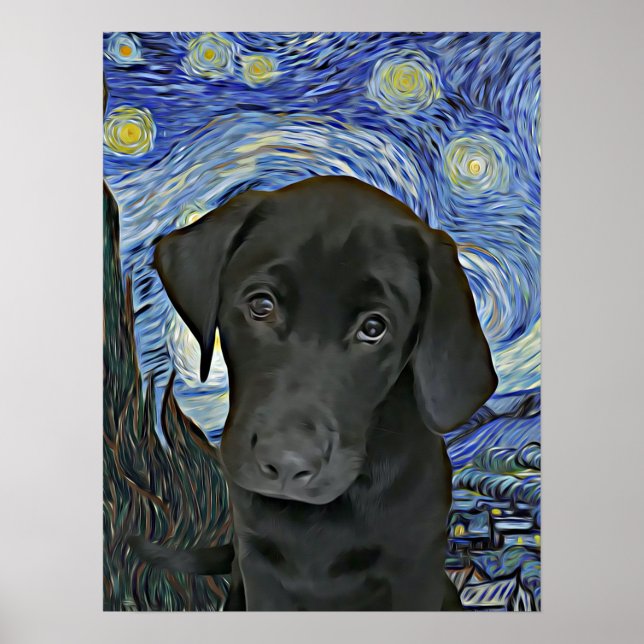 Black Lab Puppy Starry Night Van Gogh Inspired Poster (Front)