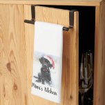 Black Lab Puppy wearing Santa Hat, Custom Text Tea Towel<br><div class="desc">Super cute kitchen towel featuring a watercolor rendering of a Black Labrador Retriever wearing a Santa hat.  Add your custom text to personalise. Makes the perfect holiday gift for lab owners,  dog moms and dads,  chefs,  bakers and more.</div>