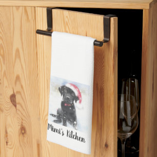 Black Lab Puppy wearing Santa Hat, Custom Text Tea Towel