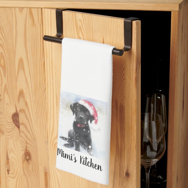 Black Lab Puppy wearing Santa Hat, Custom Text Tea Towel (Thirds Fold)