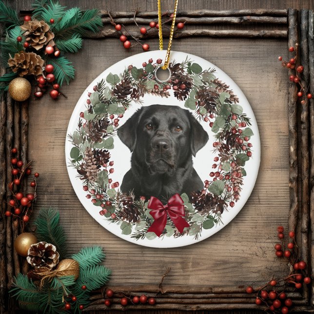 Black Lab Red Bow Pinecone Wreath Personalised Ceramic Ornament (Creator Uploaded)