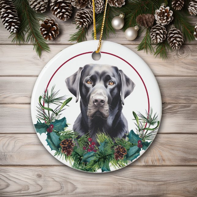 Black Lab Retriever Evergreen Berry Wreath Ceramic Ornament (Creator Uploaded)