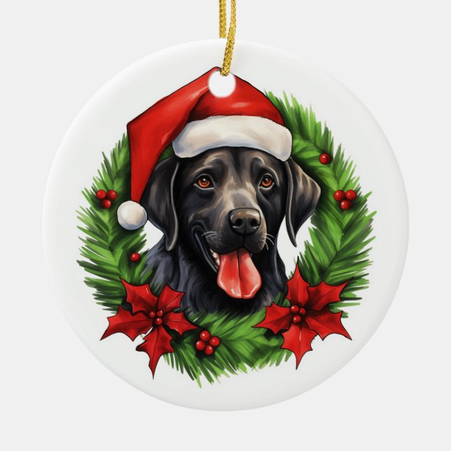 Black lab retriever holiday wreath ceramic ornament (Front)