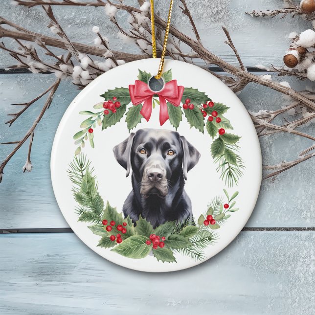Black Lab Retriever Red Bow Holly Wreath Ceramic Ceramic Ornament (Creator Uploaded)