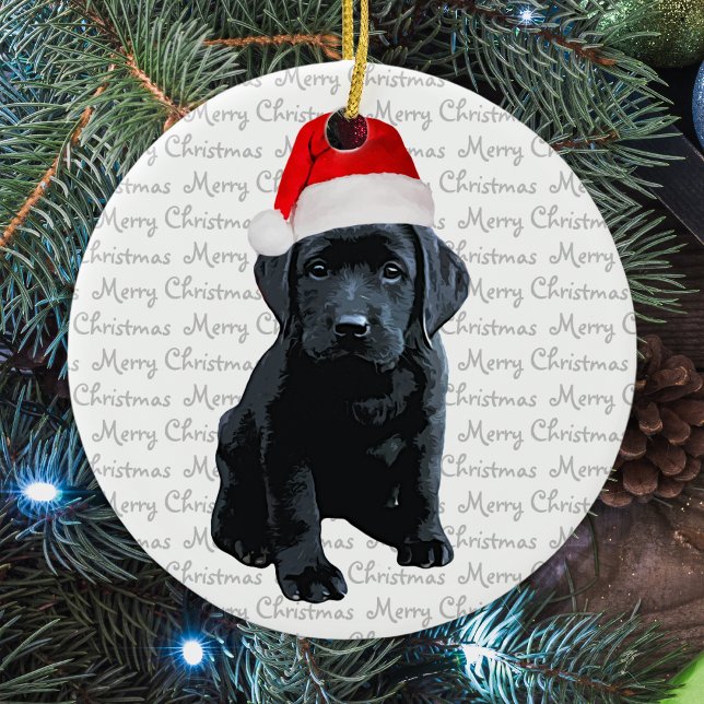 Black Lab Santa Puppy Pet Merry Christmas Labrador Ceramic Ornament (Creator Uploaded)