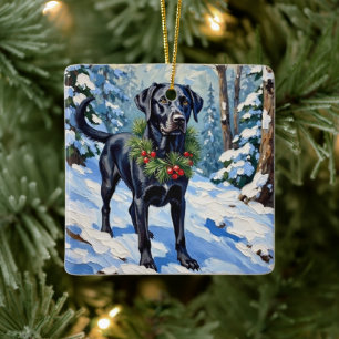 Black Lab Serene Winter Forest Christmas Holiday Ceramic Ornament