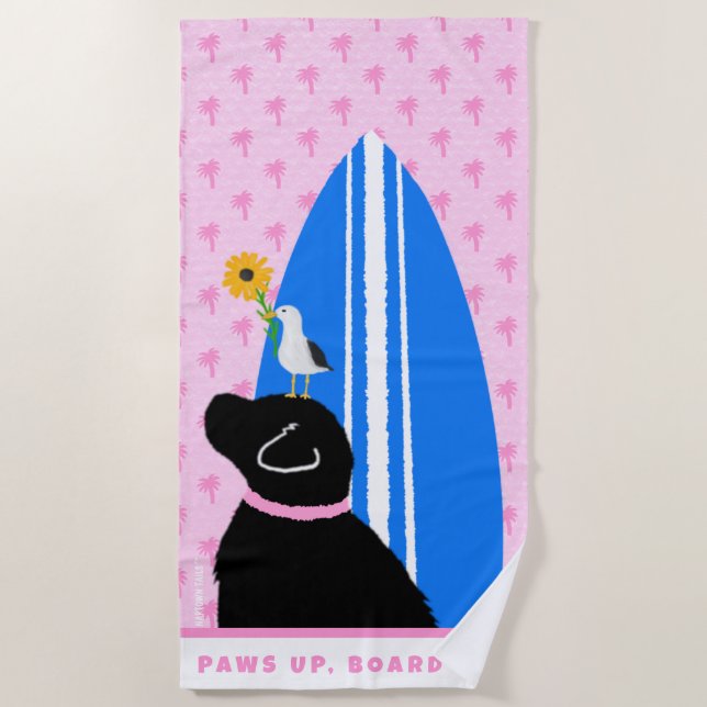 Black Lab Surf Dog Island Pink Beach Towel (Front)
