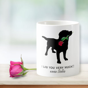 Black Lab Valentine Dog holding Red Rose Coffee Mug