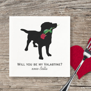 Black Lab Valentine Dog holding Red Rose Napkin