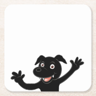 black lab waving cartoon square paper coaster