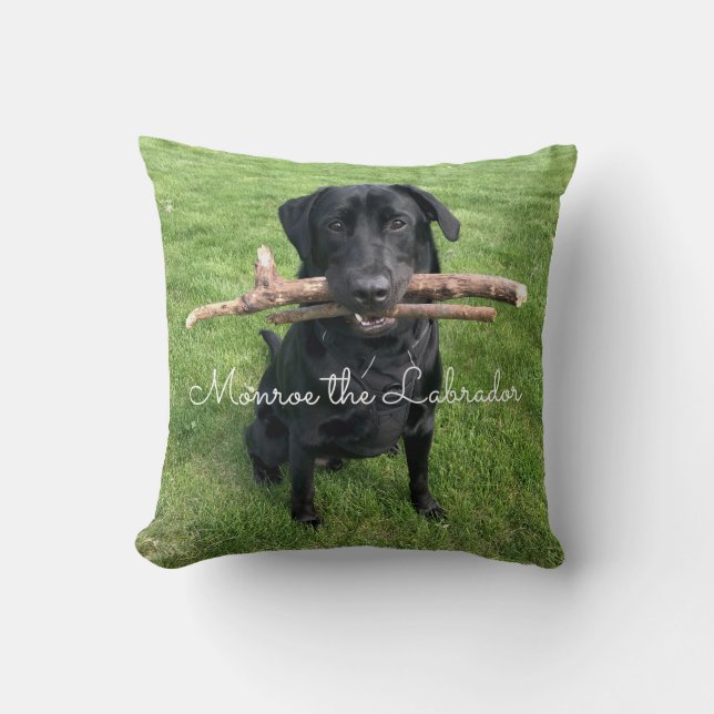 Black Lab with two sticks Dog Photo and Name Cushion (Front)