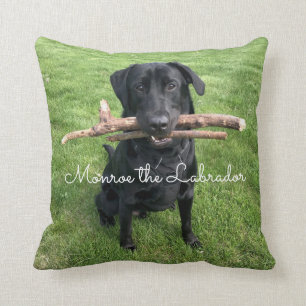 Black Lab with two sticks Dog Photo and Name Cushion