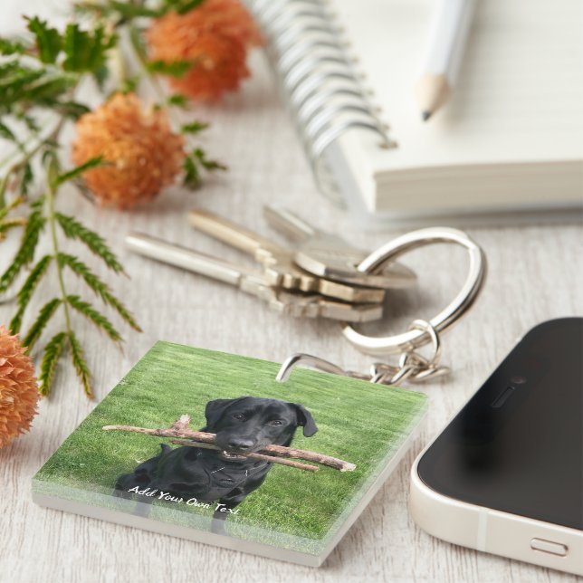 Black Lab with two sticks Dog Photo and Name Key Ring (Front Right)