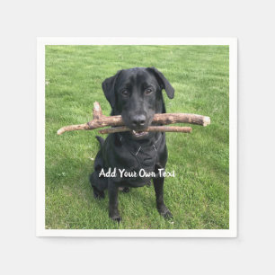 Black Lab with two sticks Dog Photo and Name Napkin