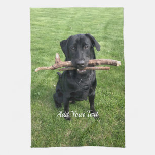 Black Lab with two sticks Dog Photo and Name Tea Towel