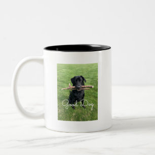 Black Lab with two sticks Dog Photo and Name Two-Tone Coffee Mug