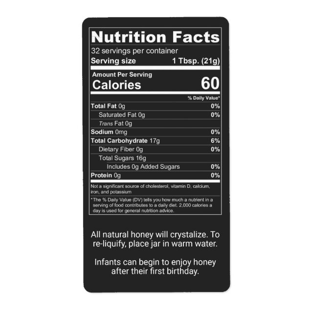 Black Label Honey Nutrition Facts Information (Front)