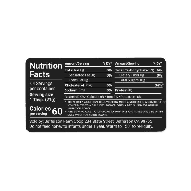 Black Label Tabular Honey Nutrition Facts (Front)