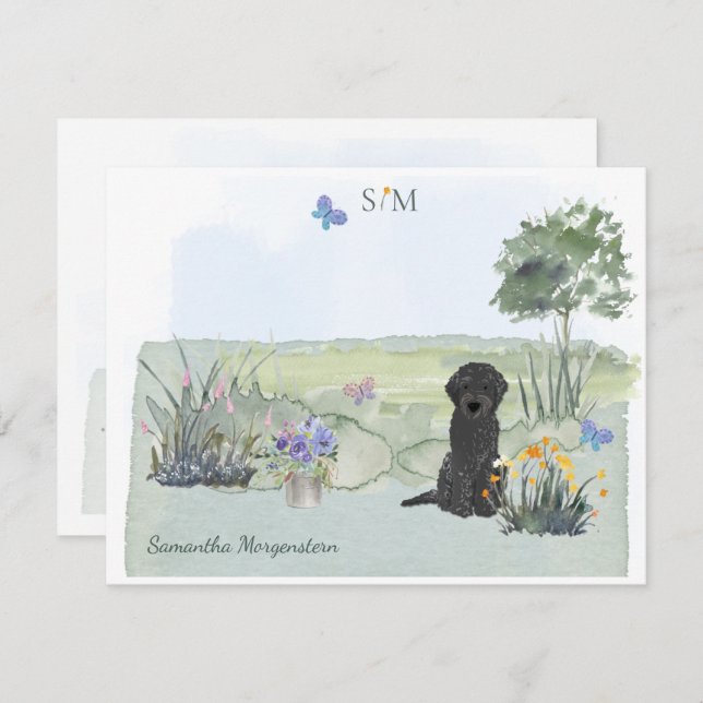 Black Labradoodle Dog Butterfly Monogram & Name  Card (Front/Back)