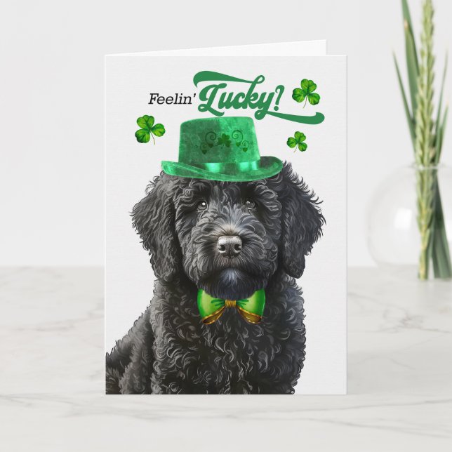 Black Labradoodle Feelin' Lucky St Patrick's Day Holiday Card (Front)