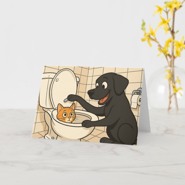 Black Labrador and Cat funny Bathroom Cartoon  Card (Yellow Flower)