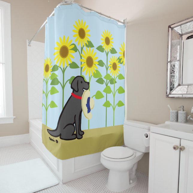 Black Labrador and Sunflowers Summer Shower Curtain (In Situ)