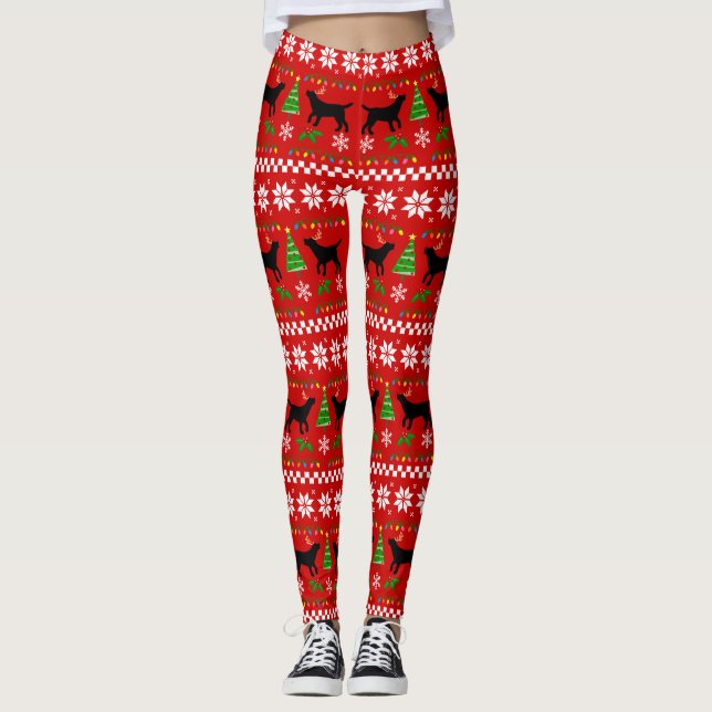 Black Labrador Antlers Ugly Christmas Pattern Leggings (Front)