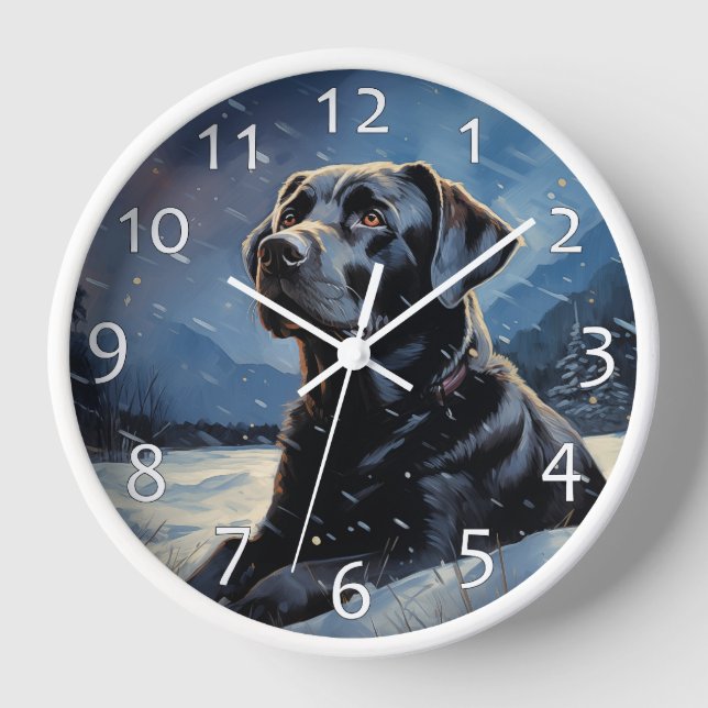 Black Labrador at winter night Clock (Front)