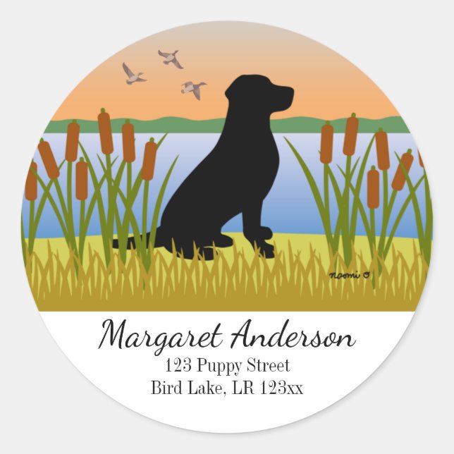 Black Labrador Bird Dog Sunset Address Classic Round Sticker (Front)