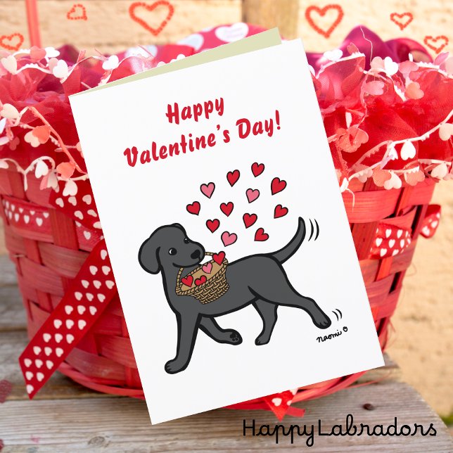 Black Labrador Carrying Hearts Valentine Holiday Card (Black Labrador Carrying Hearts Valentine Card for Labrador Owners.  Cute Cartoon Design.)