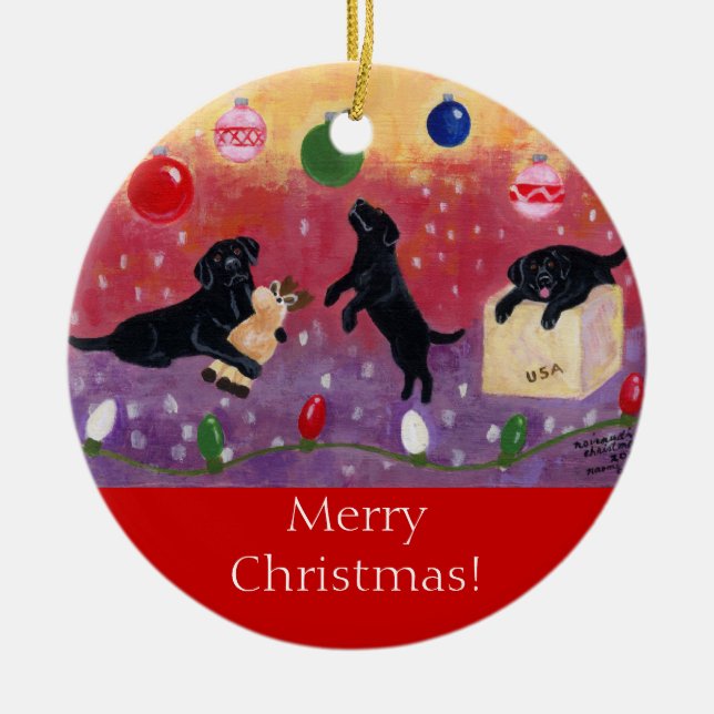 Black Labrador Christmas Ceramic Ornament (Front)