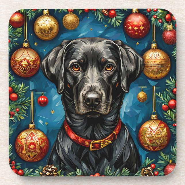 Black Labrador Christmas Dog Holiday Table Design Coaster (Front)