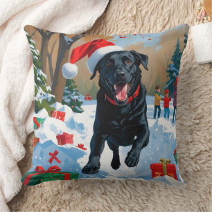 Black Labrador Christmas Festive Snow Scene  Cushion