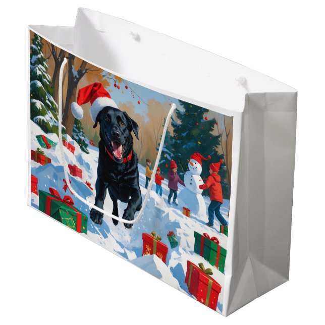 Black Labrador Christmas Festive Snow Scene  Large Gift Bag (Front Angled)