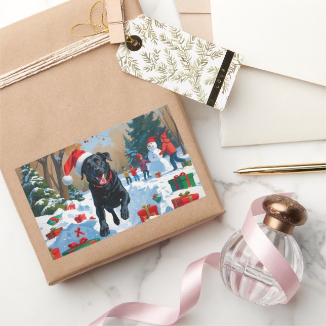 Black Labrador Christmas Festive Snow Scene  Rectangular Sticker (Gifting)