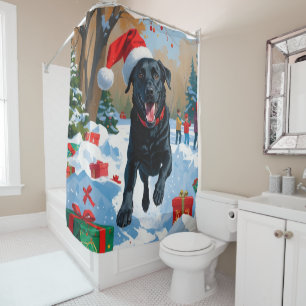 Black Labrador Christmas Festive Snow Scene  Shower Curtain
