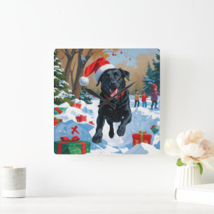 Black Labrador Christmas Festive Snow Scene  Square Wall Clock