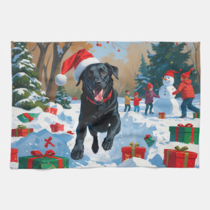 Black Labrador Christmas Festive Snow Scene  Tea Towel