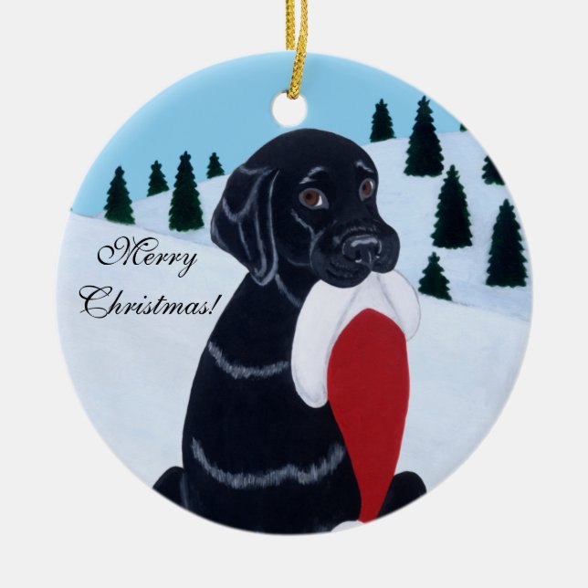 Black Labrador Christmas Santa Hat Ceramic Tree Decoration (Front)