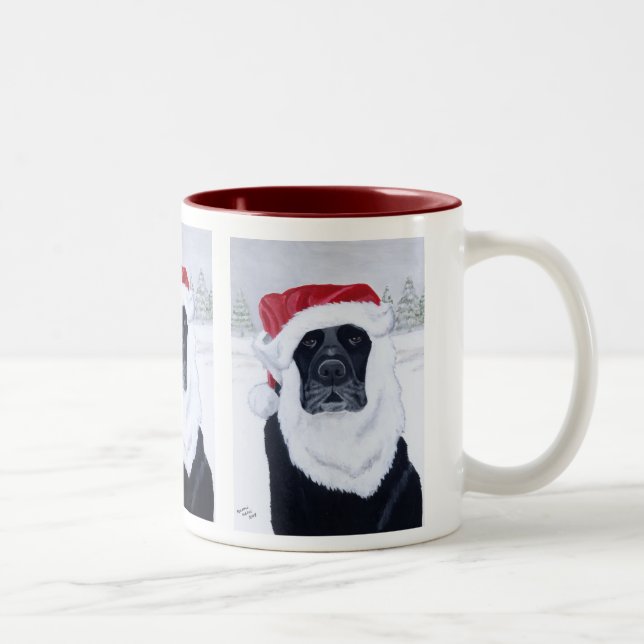 Black Labrador Christmas Santa Hat Painting Two-Tone Coffee Mug (Right)