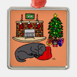 Black Labrador Christmas Tree Illustration Metal Ornament