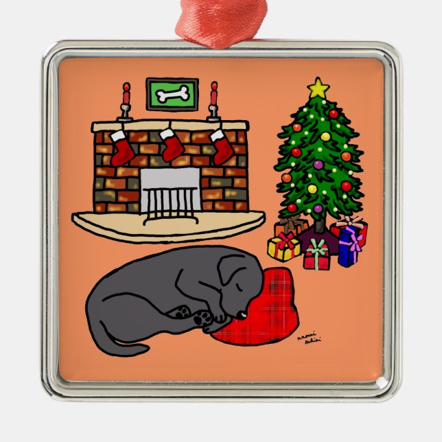 Black Labrador Christmas Tree Illustration Metal Ornament (Front)