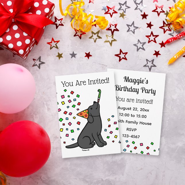 Black Labrador Confetti Birthday Party  Invitation (Black Labrador Confetti Birthday Party Invitation for Labrador Owners.  Cartoon art design.)