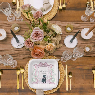 Black Labrador Coquette Pink Customizable Crest Paper Plate